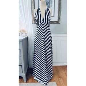 Express Gala Halter Maxi Dress Striped Silky Sexy Black White Chic Size L